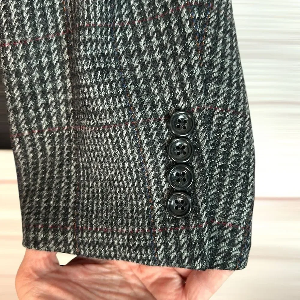 Vintage Hickey Freeman Wool Sport Coat Gray Houndstooth Glen Check size 48 L